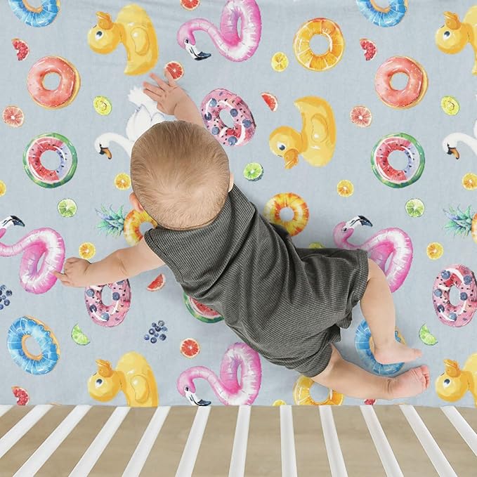 Summer Pool Floats Baby Crib Sheets for Boy Girl 52x28Inch Fun Beach Flamingo Duck Fruits Floats Soft Stretchy Fitted Crib Mattress Cover Travel Vacation Baby Sheet for Crib & Toddler Bed Mattress