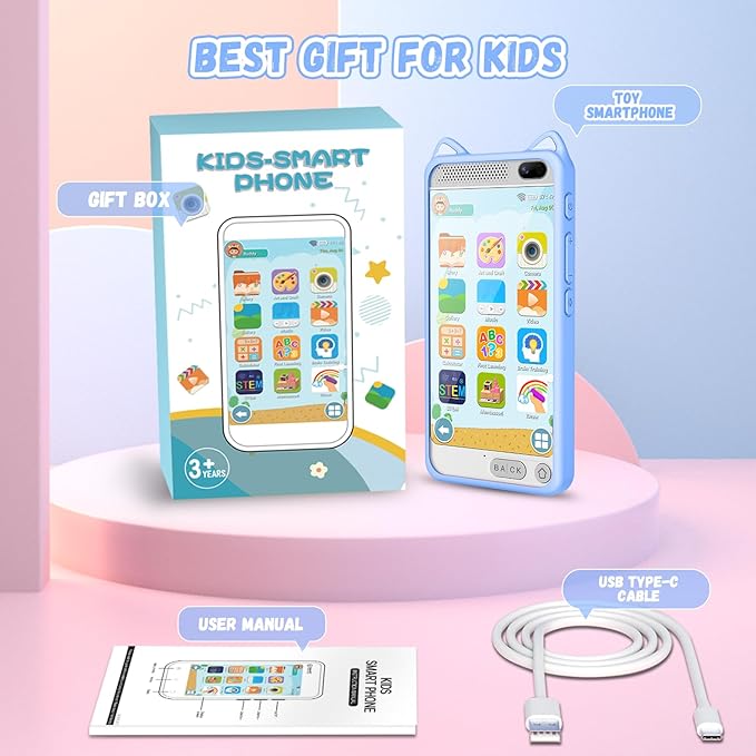 Kids Phone for Boys, 3.97" Touchscreen Kids Toys Cell Phone Learning Music Puzzle-Games, with Silicone Toddler Phone Toys for Girls Boys Age 3-12, Working Real Play Cell Phone(Blue)