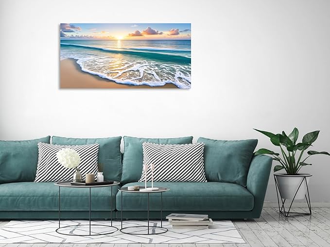 KUNHAAH Wall Art Canvas Painting Sunset Waves on The Beach 1 Piece Colorful Sky and Sparkling Clouds on The Sea Surface Picture Poster Print Framed Ready to Hang for Living Room Bedroom 71x36inch