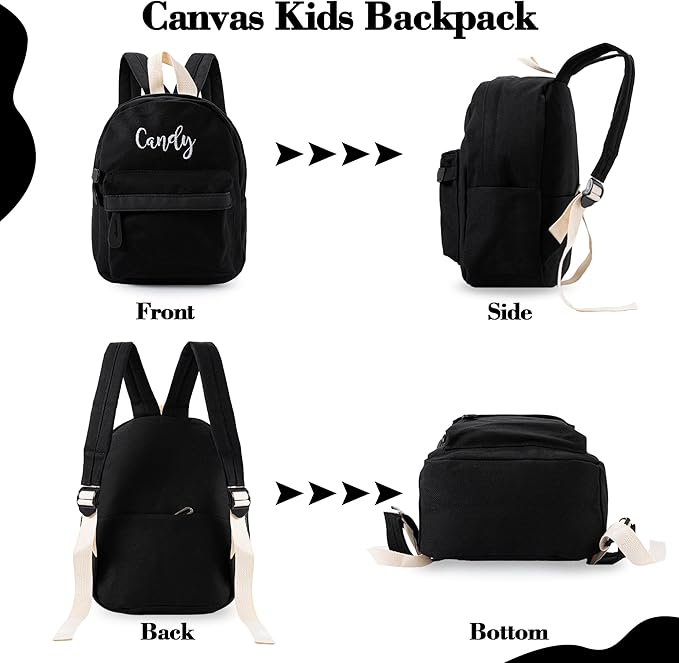 MT WORLD Daycare Backpack - Personalized Canvas Backpack with Name - Classic 12inch Daypack with Back Pocket - Custom Daycare Diapering Bag for Overnight Travel Birthday Gifts (Black, Medium)