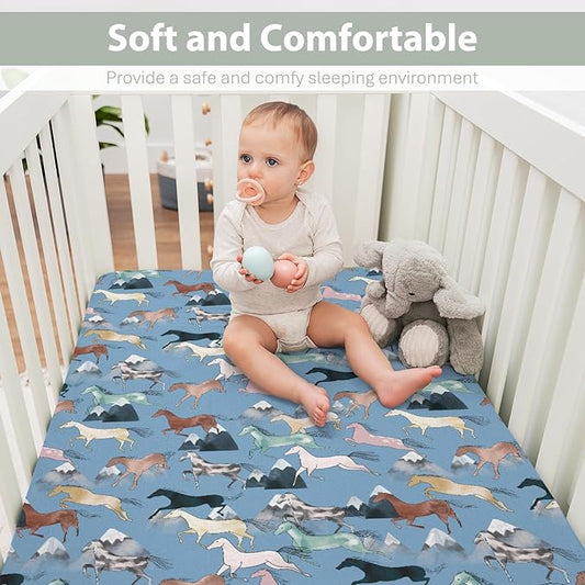 Boho Horses Mountains Baby Crib Sheets for Boy Girl 28"x52" Wild Horses Blossom Soft Snug Fitted Crib Mattress Covers Horse Lovers Nursery Baby Sheet for Standard Crib & Toddler Bed Mattress Blue