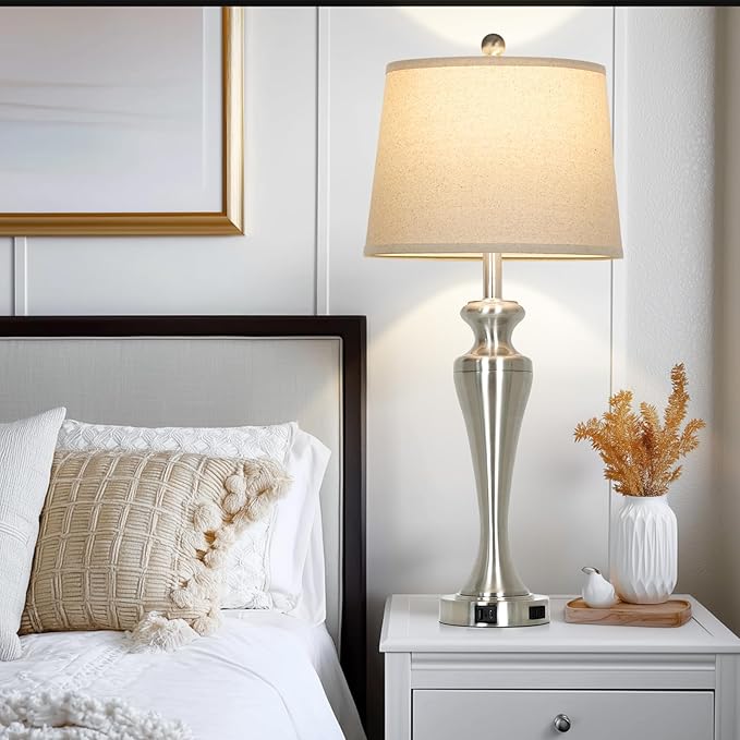 LUXEFLOW 30" Silver Table Lamps Set of 2, 3-Way Dimmable Touch Living Room Lamp with USB A+C Ports and AC Outlet, Modern Brushed Nickel Bedroom Lamps, Tall Metal Bedside Lamp for Nightstand Side Table