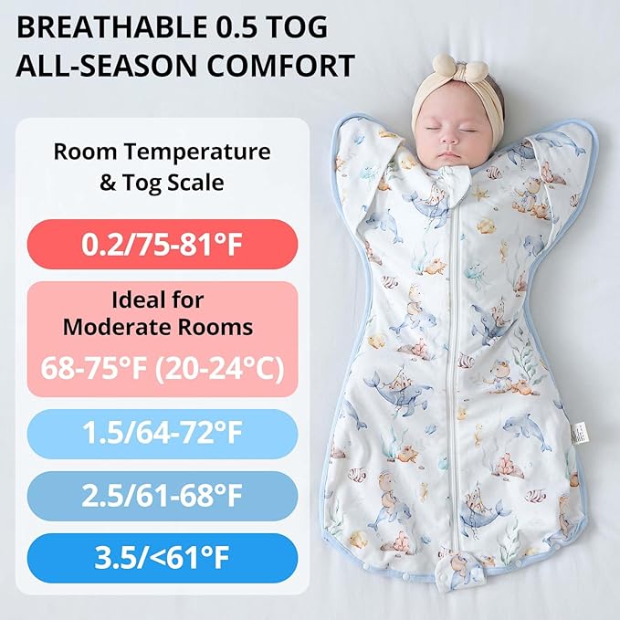 Baby Sleep Sack,0.5 TOG Self-Soothing Swaddle to Improve Sleep & Ease Startle Reflex, 100% Cotton & Breathable