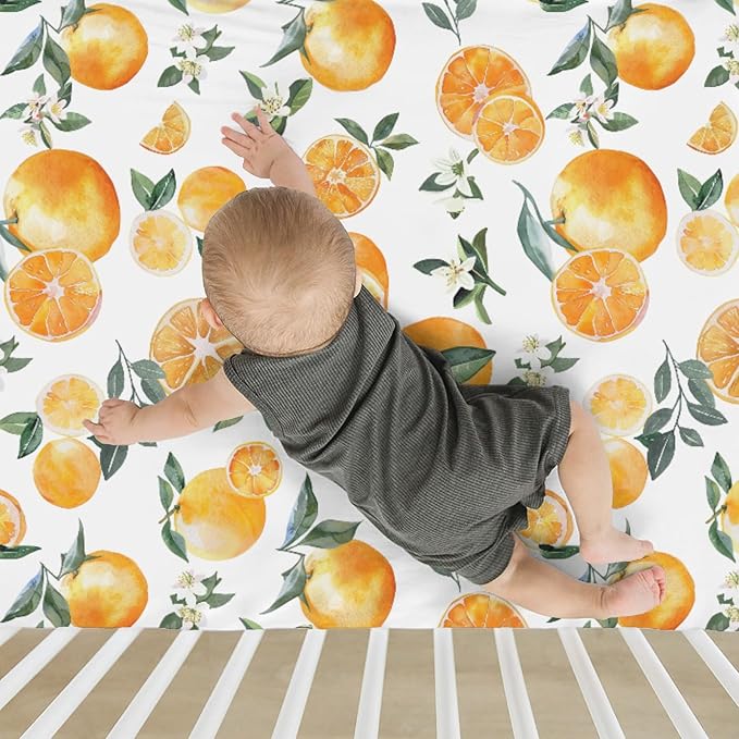 Watercolor Oranges Baby Crib Sheets for Boy Girl 52x28Inch Orange Flowers Leaves Soft Snug Fitted Crib Mattress Cover Summer Citrus Fruits Baby Sheet for Standard Crib & Toddler Bed Mattresses