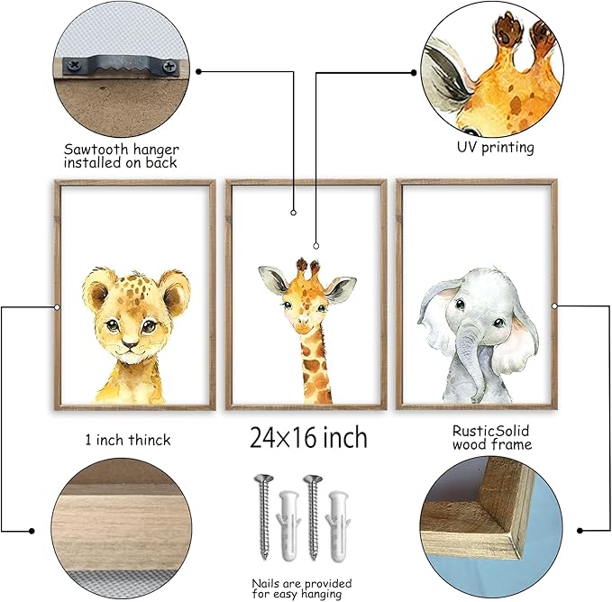 Baby Safari Nursery Wall Art Decor 24x16 Inch Set of 3 Wood Framed Cute Animal Giraffe Elephant Lion Prints Sign Kids Boys Girls Room Bedroom Jungle Animal Pictures Wall Hanging (Wood)