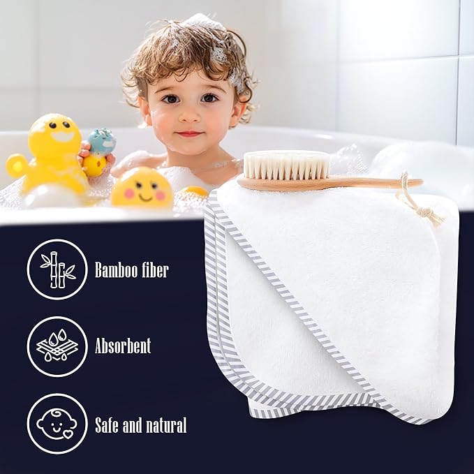 2 Pack Baby Bath Towel - Rayon Made from Bamboo, Ultra Soft Hooded Towels for Kids - X Large Size for 0-7 Yrs (White and Stripe, 37.5 x 37.5 Inch)