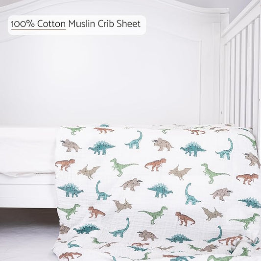 LollyBanks Fitted Crib Sheets for Boys, Soft 100% Cotton Baby Boy Sheet, Fits Standard Size Mattress 28 in x 52 in, Breathable Muslin Crib Sheet 1 Pack (Dinosaur Print)