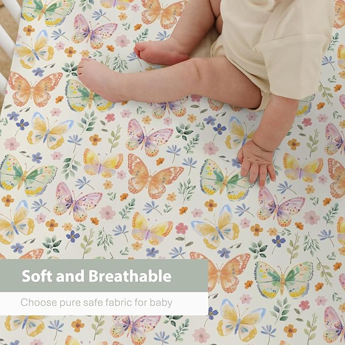 Watercolor Butterflies Spring Floral Baby Crib Sheets Boy Girl 52"x28" Pastel Flowers Leaves Soft Stretchy Fitted Crib Mattress Cover Easter Garden Baby Sheet for Standard Crib and Toddler Mattress