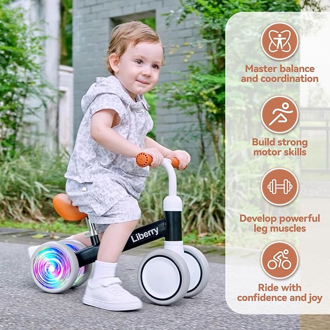 Liberry Light Up Baby Balance Bike 1 2 Years, Ride Toys with Adustable Seat for Boys Girls, First Birthday Gift for Toddlers, Black