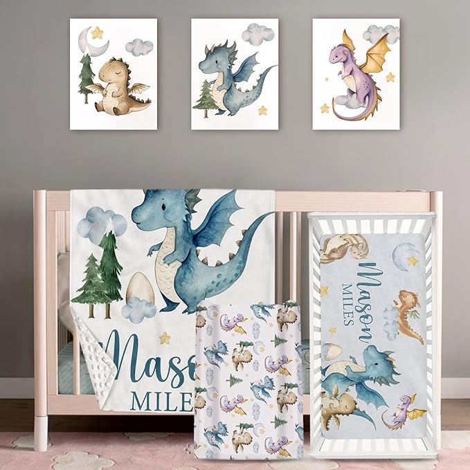 Personalized Baby Crib Bedding Set: 4 Piece Custom Gift Crib Bed Set with Name - Blue Dinosaur Design, Nursery Bedding Set for Baby Girls,Newborn Boys Girls Crib Sets, Crib Bedding Shower Gifts