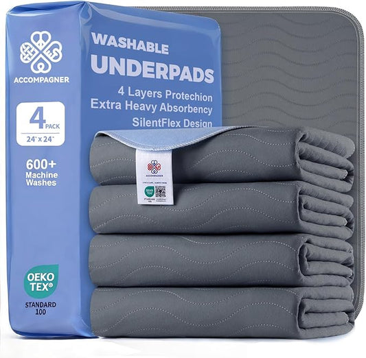 Accompagner Waterproof Reusable for Adults and Pets Washable Pee Pads for Dogs Changing Pad Large Dog Bed Size Adults Incontinence Bed Pads - Non-Slip Leak-Proof (Dark Gray, 4Pack-24" x24")