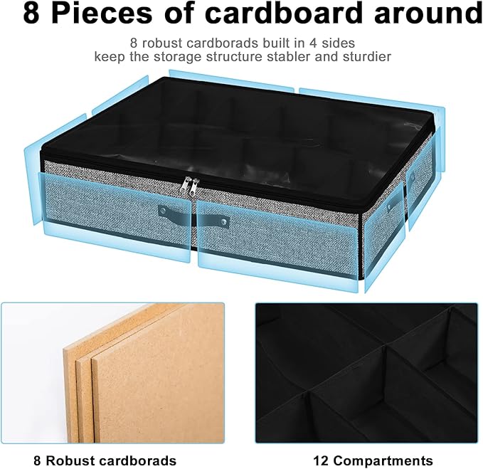 Meerainy Under Bed Shoe Storage Organizer for Closet 2 Pack- Fits 24 Pairs Underbed Shoes Container Boxes with 2 Sturdy Handles and Clear Window,Foldable Shoe Rack Holder,Black
