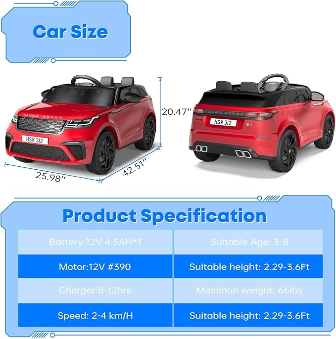 12V Ride On Car, Electric Vehicle Toy for Kid & Toddler, Licensed Land Rover Battery Powered Electric Truck with Parental Remote Control, Music, LED Lights