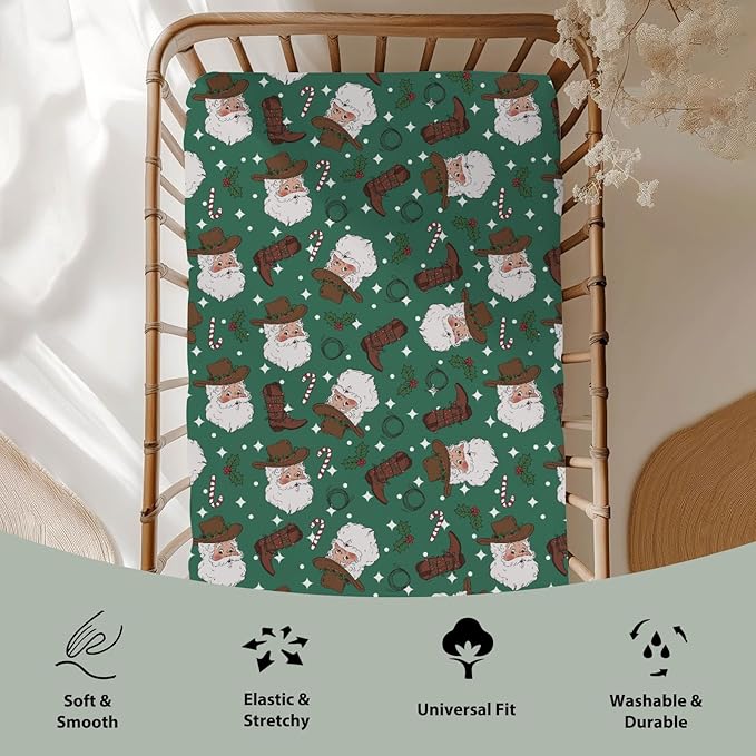 Green Cowboy Santa Christmas Baby Crib Sheets for Boy Girl 52x28Inch Western Santa Hat Boots Fir Leaves Soft Snug Fitted Crib Mattress Cover Wild West Baby Sheet for Standard Crib & Toddler Mattress