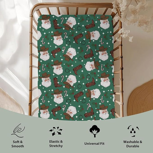 Green Cowboy Santa Christmas Baby Crib Sheets for Boy Girl 52x28Inch Western Santa Hat Boots Fir Leaves Soft Snug Fitted Crib Mattress Cover Wild West Baby Sheet for Standard Crib & Toddler Mattress