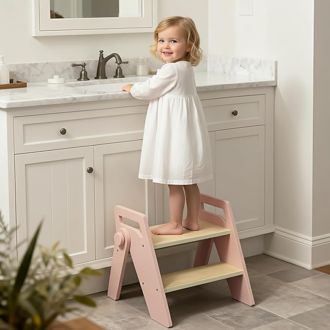 HOMEKOL Toddler Kids Step Stool: Wooden 2 Step Stool for Bathroom Sink, Foldable, Pink