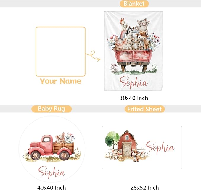 Custom Baby Bedding Set - 3 Pcs Personalized Name Crib Bedding Set for Nursery - Cute Baby Crib Set with Double Layer Blanket for Boys Girls - Customized Gifts for Toddler Infant - Farm Animals