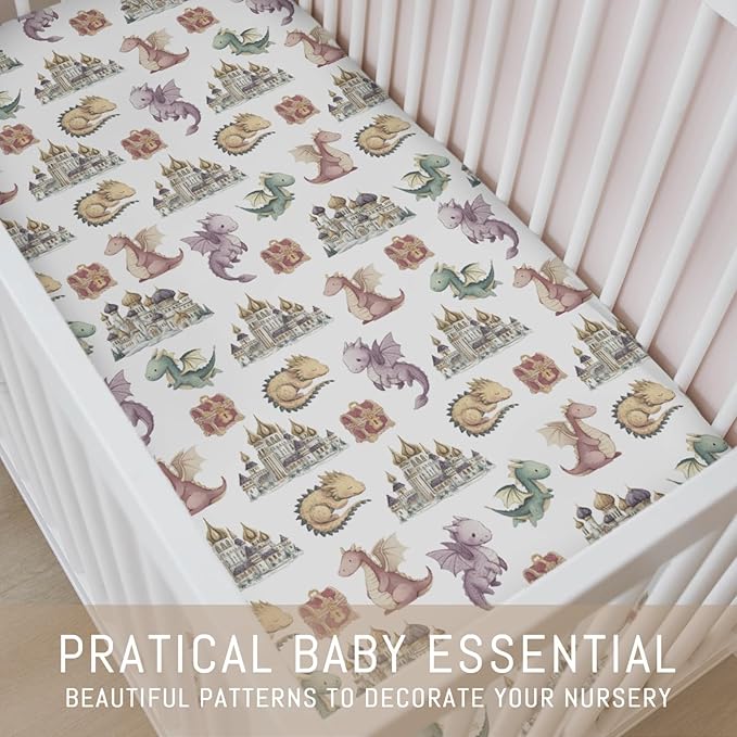 Fairytale Dragons Baby Crib Sheets for Boy Girl Fantasy Dragon Castle Treasures Soft Snug Fitted Crib Mattress Covers for 52''x28'' Standard Crib & Toddler Mattress Magical Animal Bed Sheets