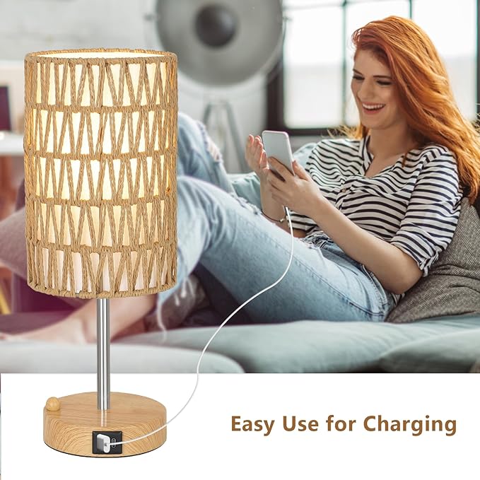 Eayaya Boho Table Lamp for Bedroom with Bulb, Small Touch Control Table Lamp for Living Room with Rattan & Linen Shade, 3 Way Dimmable Bedside Lamp for Nightstand with USB Charging Port & Phone Stand
