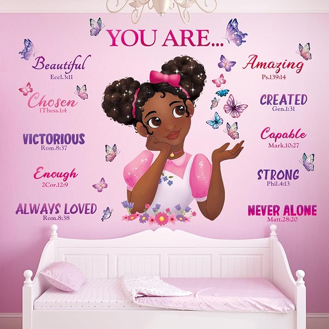 DECOWALL SG2-2315 Black Girl Magic Wall Stickers Decals Girls Bedroom Butterfly Kids Room Art Toddler Decorations Butterflies Baby Nursery Afro Door Wallpaper Pink