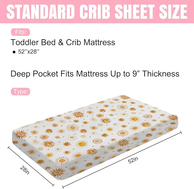 Watercolor Suns Totem Baby Crib Sheets 52''x28'' Boho Sunshine Stretchy Fitted Crib Mattress Covers for Boy Girl Golden Suns Soft Nursery Baby Bed Sheets for Standard Crib and Toddler Mattress