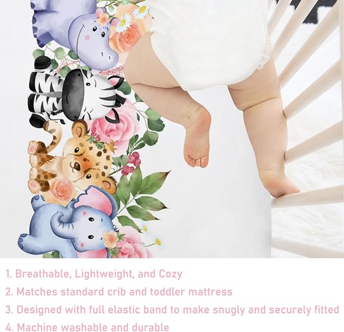 Baby Jungle Safari Animals Tropical Leaves Flowers Baby Crib Sheet 52''x28'' Fitted Crib Mattress Cover for Boy Girl Nursery Toddler Bed Sheet Fits Standard Crib and Toddler Mattresses Floral