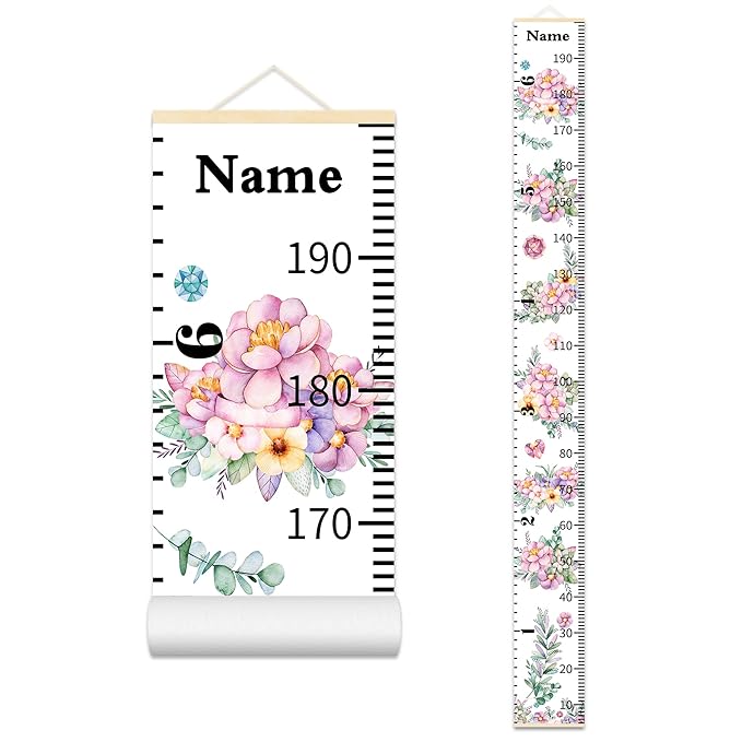 Wall Height Chart for Kids Personalized Name Custom Christmas Gift Baby Girls Flower Room Decor Wall Canvas Height Growth Measurement Ruler for Toddler Removable Wall Hanging Playroom Decoration