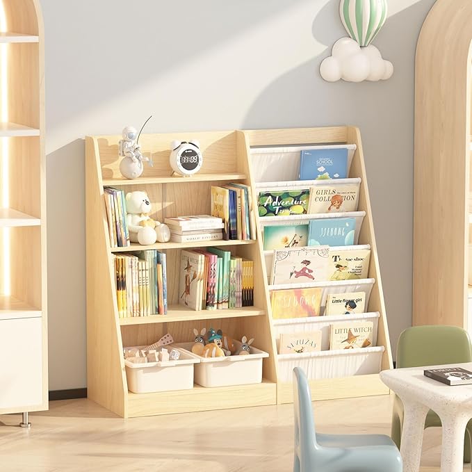 HedoAjim 4 Tier Kids Bookshelf Baby Toddler Book Rack Children Bookcase Toy Storage Organizer with 6 Sling Adjustable Shelf for Nursery Playroom Classroom Library Bedroom Natural Wood