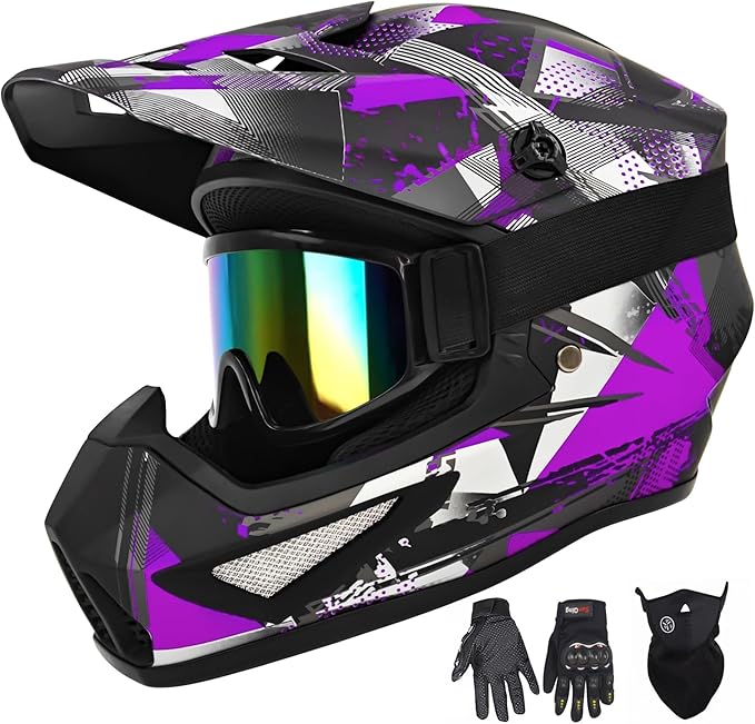 Youth Kids Motocross Helmet, Adult ATV Dirt Bike Helmet with Goggles Gloves & Mask Quick, Full Face Motorcycle Helmet with Quick Release Buckle DOT Certified