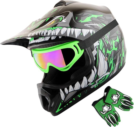 WOW Youth Kids Motocross BMX MX ATV Dirt Bike Dianosour Helmet Dragon + Goggles + Martian Youth Glove Bundle: HJOY MG Bundle