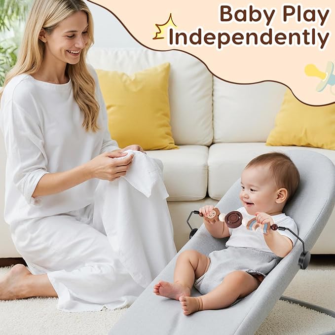 Baby Bouncer Toy Bar Wooden Compatible with Baby Bjorn Bouncer, Durable Wooden Bouncer Toy Bar Attachment, Tight and Secure Fit, Rotatable Sensory Toys for Curious Babies (Flower and Rainbow)