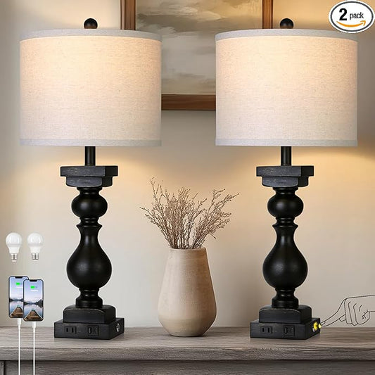 MOUVOVO 28" Tall Farmhouse Table Lamps Set of 2 with USB C+A Ports and AC Outlet, 3 Way Touch Tall Rustic Bedside Lamps for Living Room, Black Vintage Lamps for Bedroom