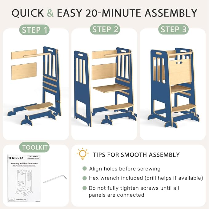 WINGYZ Toddler Tower – Adjustable Step Stool Helper for Kids 18M–6Y, Kitchen Learning Stool with Safety Rail, 3-Height Adjustable, Sliding Door, Full Support Foot, Wooden Updated Design, Dark Blue