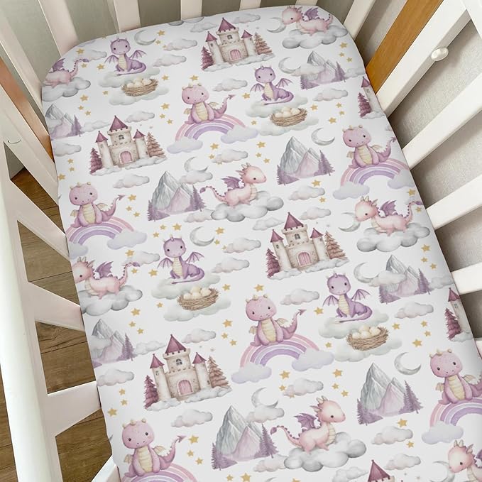 Pink Baby Dragons Crib Sheets for Boy Girl Fairytale Dragon Castle Trees Moon Rainbow Soft Stretchy Fitted Crib Mattress Cover for 52''x28'' Standard Crib & Toddler Mattress Fantasy Animal Bed Sheet