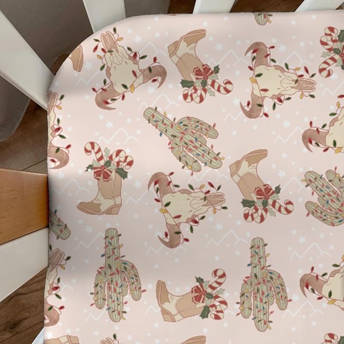 Boho Western Christmas Cowboy Baby Crib Sheets Pastel Western Cowboy Boots Cow Skull Cactus Candy Cane Fitted Crib Mattress Cover Wild West Desert Toddler Baby Sheet for Standard Crib 28x52in