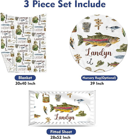 Custom Baby Crib Bedding Set, Personalized Name Fishing Theme Design Crib Set 3 Pcs, Soft Double Layer Blanket, Crib Sheet & Room Rug, Ideal Nursery Decor Gift for Baby Girls Boys
