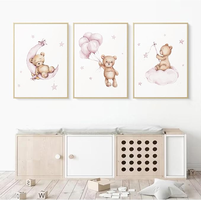 Bear Nursery Wall Art Decor Set of 3 Teddy Bear Wall Art Baby Girl Canvas Wall Decor Pink Pictures Balloon Nursery Children Prints Artwork Moon Star Cloud Art for Boys Room Bedroom 12x16 Inch Framed