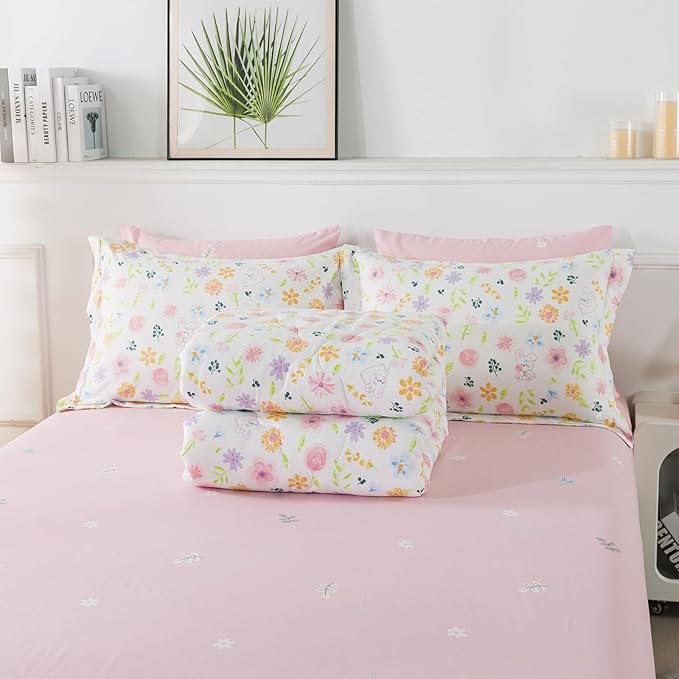 Wajade Floral Comforter Set Bed in A Bag Full Size 7 Piece Botanical Flower Green Leaves Rabbits Bedding Set for Girls (1 Comforter, 1 Flat Sheet, 1 Fitted Sheet, 2 Pillowcase and 2 Pillow Sham)