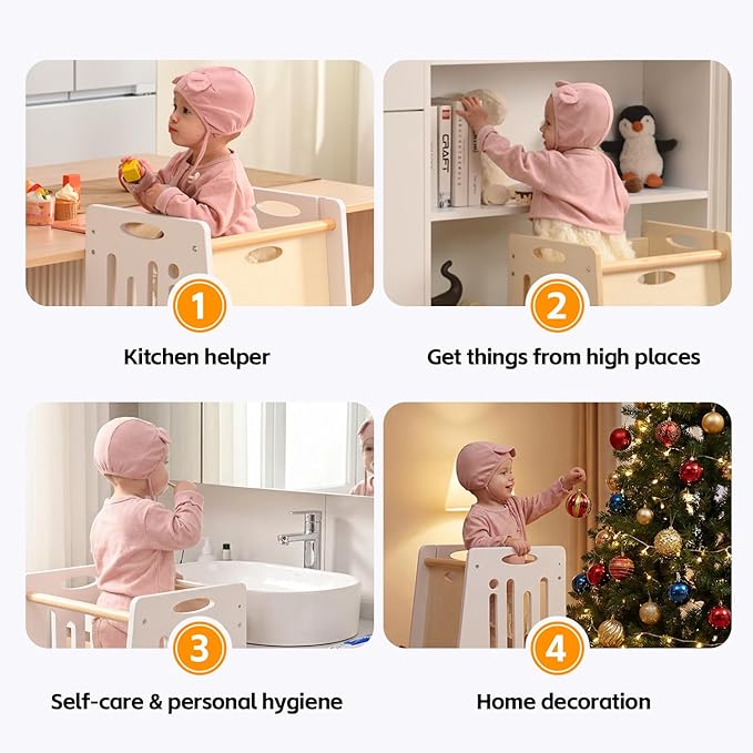 Toddler Tower,Height-Adjustable Step Stool with Sliding Safety Door,Easy to Adjust Height,Suitable for Kids from 18 Months to 5 Years Old,Anti-tilt Kitchen Step Stool with Safety Feet-White