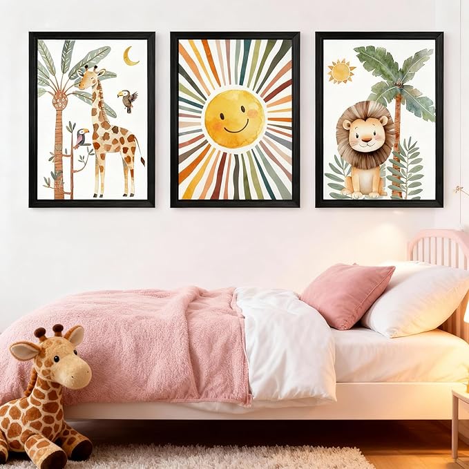 Cute Sun Lion Giraffe Quote Framed Wall Art Set of 4, 11x16 Boho Educational Animal Wall Sign for Baby Girl Kid Boy Toddlers, Wooden Inspirational Nursery Wall Decor Black