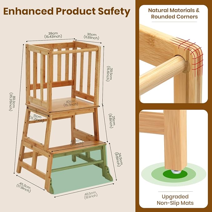 COSYLAND Toddler Kitchen Step Stool Helper - Wooden Standing Tower for Kids with Anti-Tip Support Legs (Natural)