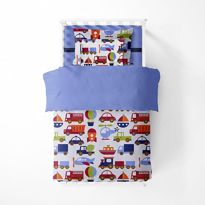 Bacati - Transportation Blue 4 Piece Boys Toddler Bedding Set 100 Percent Cotton Includes Reversible Comforter, Fitted Sheet, Top Sheet, and Pillow Case for Boys
