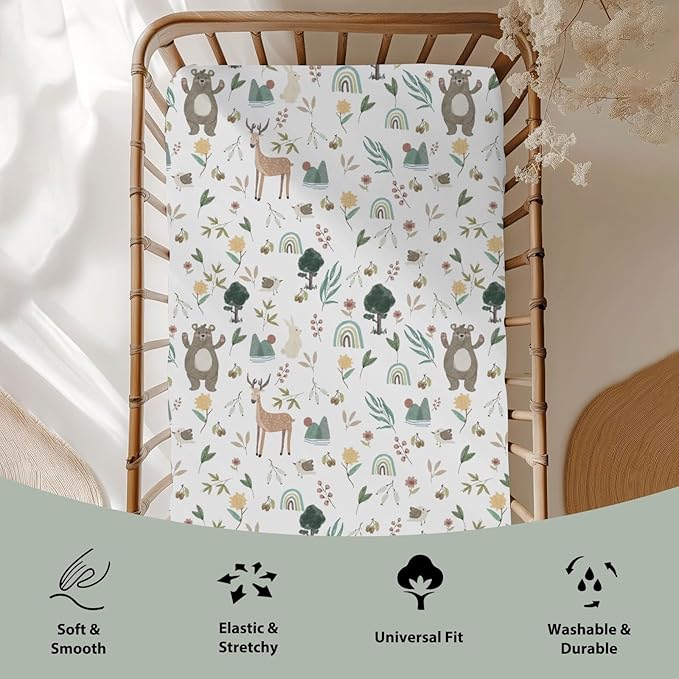 Boho Spring Animal Baby Crib Sheets for Boy Girl 52x28Inch Bear Deer Bunny Bird Rainbow Trees Mountain Soft Snug Fitted Crib Mattress Cover Animals Baby Sheet for Standard Crib & Toddler Mattress