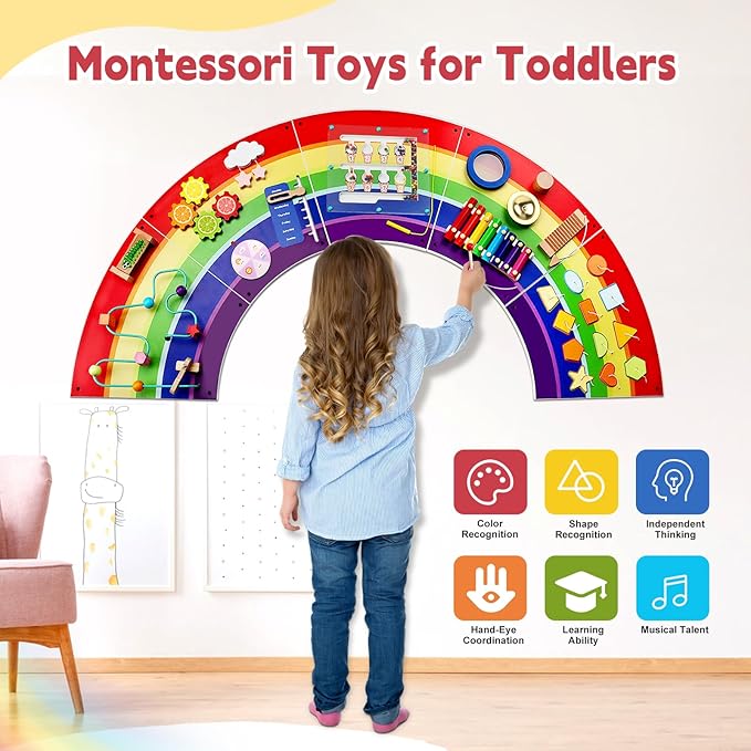 Activity Wall Toddlers Sensory Board: Busy Board - Sturdy Wooden Educational Montessori Toys for 3 Year Old - Safe Wall Activity Panel for Kids Gift - Daycare Learning Center Toddler Room Decor