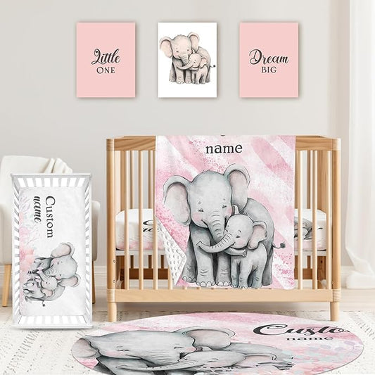 Custom Baby Crib Bedding Set,Personalized Name Pink Elephant Pattern Nursery Bed Set 4 Piece,Baby Blanket Fitted Sheet Nursery Rug Wall Art Set,Custom Room Decor Idea Gift for Newborns Boys Girls