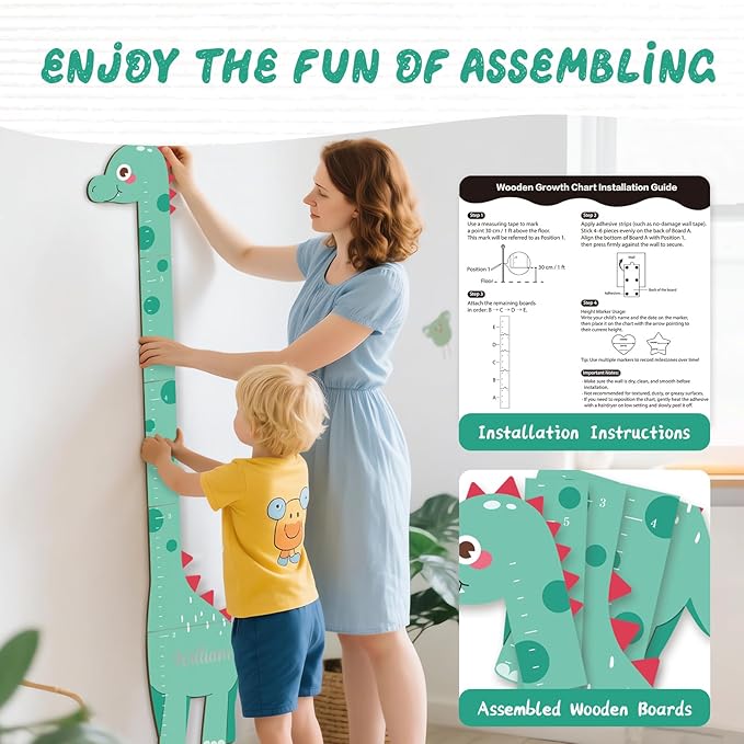 Woodemon Wooden Dinosaur Height Chart – Personalized Name Growth Chart for Kids, Wall Decor 63" x 17.4"
