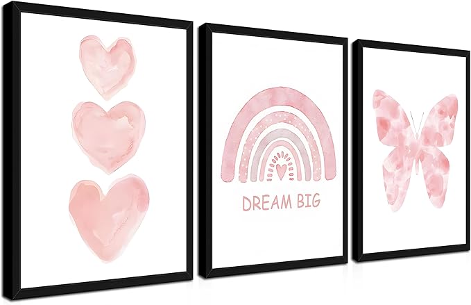 Pink Girls Nursery Wall Art Set of 3, Girl Toddler Room Wall Decor Paintings, Kids Rainbow Butterfly Love Prints Pictures for Baby Room Bedroom Decor 12x16 Inch Wood Framed