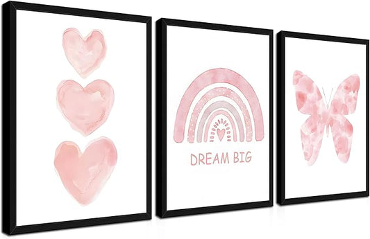 Pink Girls Nursery Wall Art Set of 3, Girl Toddler Room Wall Decor Paintings, Kids Rainbow Butterfly Love Prints Pictures for Baby Room Bedroom Decor 12x16 Inch Wood Framed