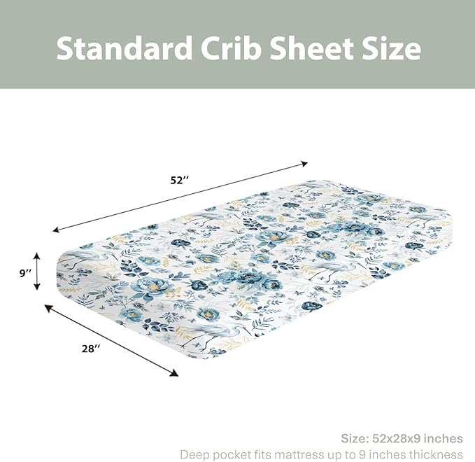 Watercolor Cranes Flowers Baby Crib Sheets for Boy Girl 52"x28" Crane Blue Gold Floral Leaves Soft Stretchy Fitted Crib Mattress Cover Wild Birds Baby Sheet for Standard Crib and Toddler Bed Mattress
