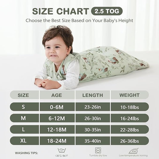 Mosebears Sleep Sack Baby Winter Wearable Blanket with 2-Way Zipper,2.5 TOG Cotton Sleep Sack Unisex(Green Animal,18-24 Months)